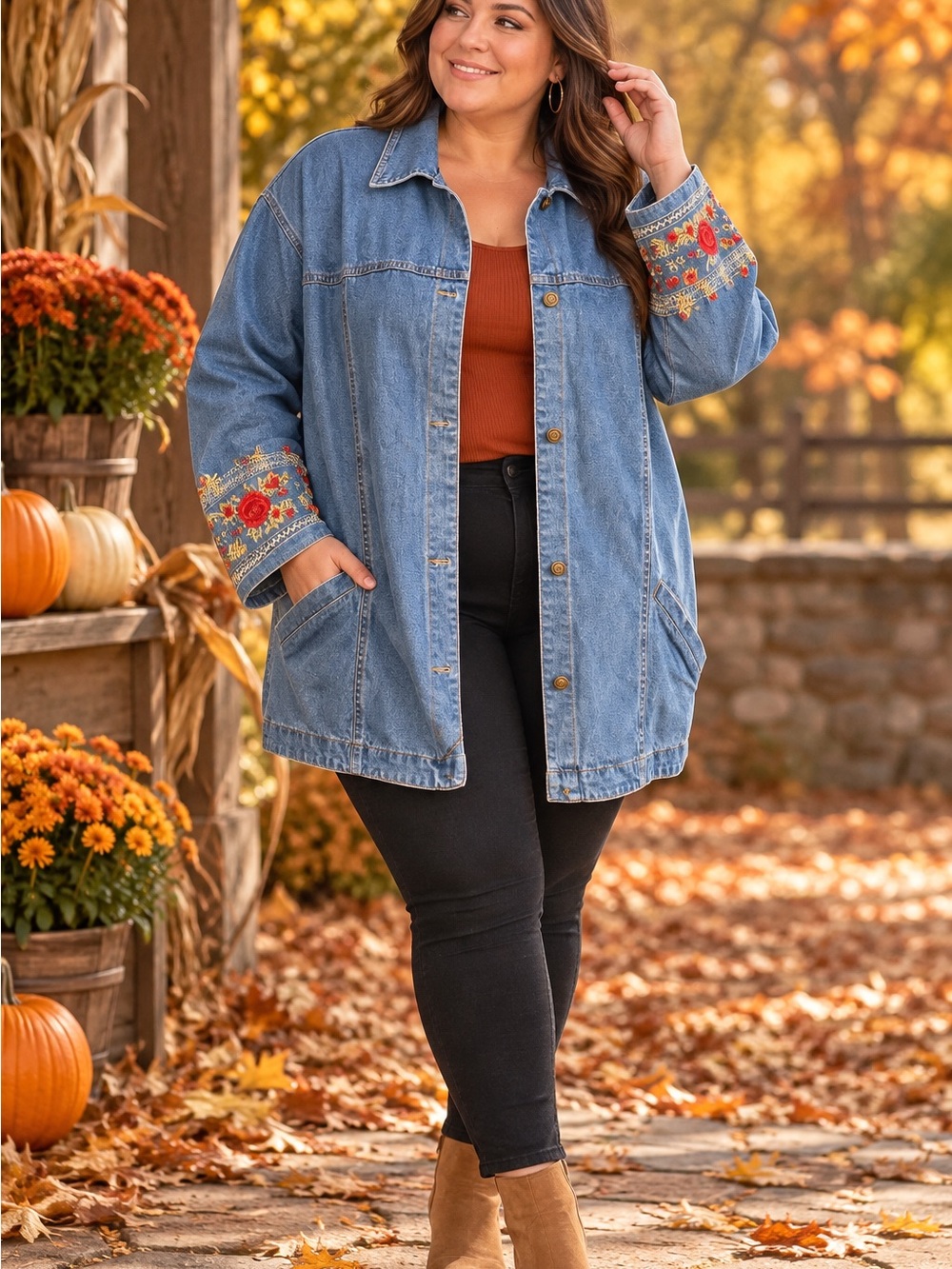 Denim&Co Embroidered Jean Jacket - Blue with Red Accents
